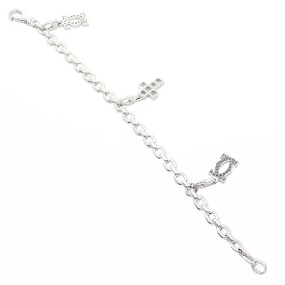Authentic! Cartier 18k White Gold 3 Charm Bracelet with Diamond Cross Double C's - Picture 4 of 12